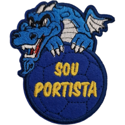 Emblema bordado azul com dragão e texto SOU PORTISTA
