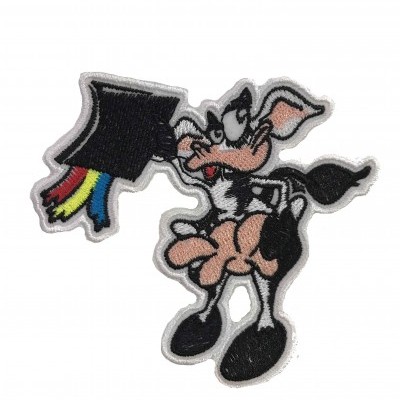 Patch bordado de vaca animada com chapéu preto e franjas coloridas