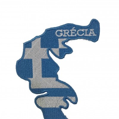 Patch bordado em forma de mapa da Grécia com cores azul e branco e texto GRÉCIA