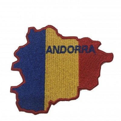 Patch bordado em forma do mapa de Andorra com cores azul, amarelo e vermelho e texto ANDORRA.