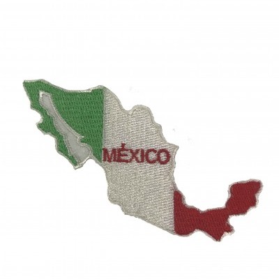 Emblema bordado do mapa do México com cores da bandeira e texto MÉXICO
