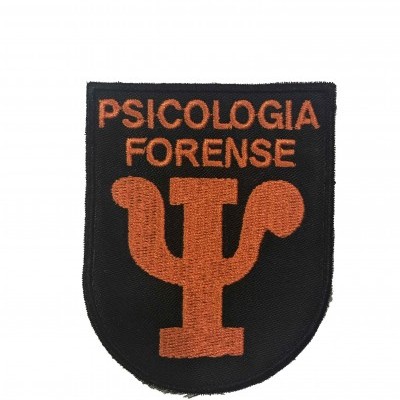 Emblema bordado preto com texto e símbolo laranja PSICOLOGIA FORENSE