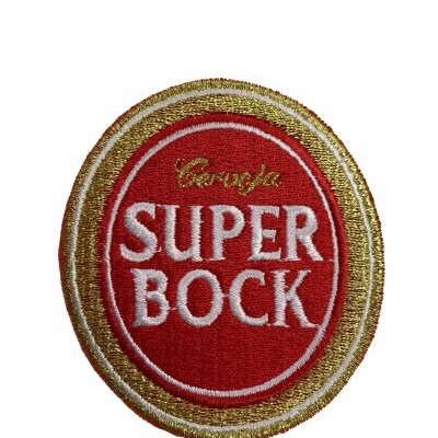 Emblema bordado oval com texto 'SUPER BOCK' e 'Cerveja'