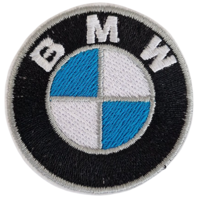 Emblema bordado redondo com logotipo BMW em azul, branco e preto