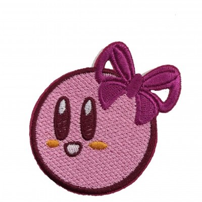 Emblema bordado cor-de-rosa com rosto sorridente e laço roxo