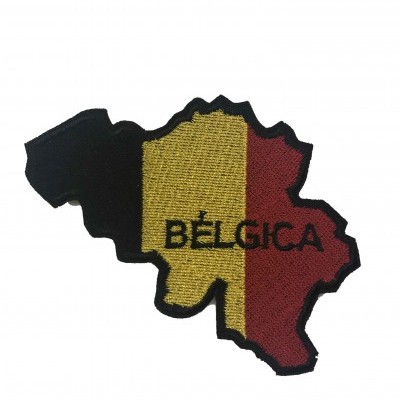 Patch bordado mapa da Bélgica com cores da bandeira e texto BÉLGICA