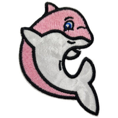 Pach bordado golfinho rosa e branco com olhos azuis e contorno preto