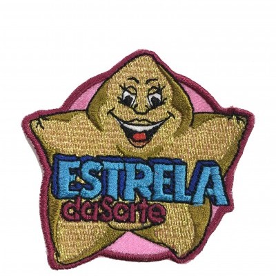 Emblema bordado em forma de estrela sorridente com texto 