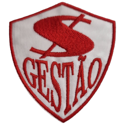 Emblema tecido em formato de escudo com símbolo de cifrão e texto Gestão