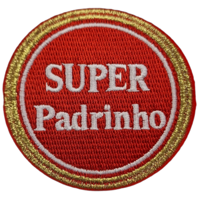 Emblema bordado redondo vermelho com texto branco e borda dourada