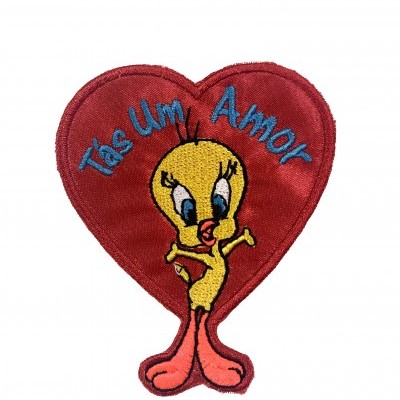 Patch bordado em forma de coração vermelho com Tweety e texto 'Tás Um Amor'