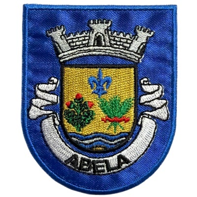 Emblema bordado azul com brasão dourado e texto AFEELA