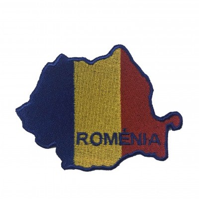 Emblema bordado do mapa da Roménia com a palavra ROMÉNIA