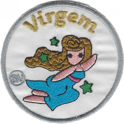 Emenda bordada redonda com figura feminina e texto 'Virgem'