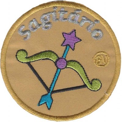 Emblema redondo bordado com texto Sagitário e desenho de arco e flecha