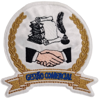 Emblema bordado redondo branco com aperto de mãos, pergaminho, tinteiro, folhas de louro e texto GESTÃO COMERCIAL
