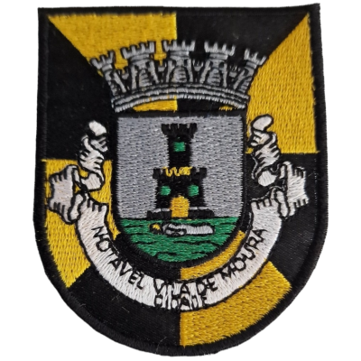 Emblema bordado com brasão e texto Moita Velha Chapel Moura