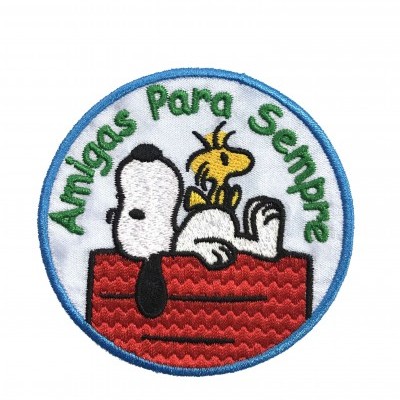 Emblema bordado redondo com Snoopy, Woodstock e texto Amigas Para Sempre
