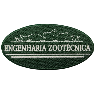 Emblema oval verde escuro com bordado branco de animais e texto ENGENHARIA ZOOTÉCNICA