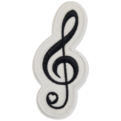 Emblema bordado com clave de sol preta e branca.