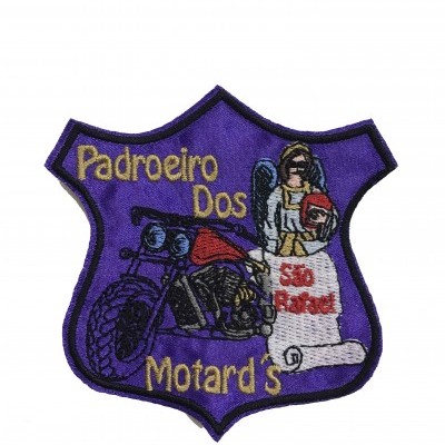 Emblema bordado roxo com motociclo, anjo e texto Padroeiro Dos Motard's São Rafael