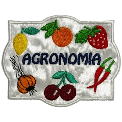 Emblema bordado com texto AGRONOMIA e ilustrações de frutas e legumes