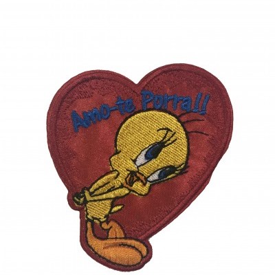 Patch bordado coração vermelho com Tweety amarela e texto 