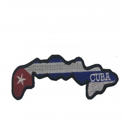 Patch bordado em forma do mapa de Cuba com as cores da bandeira