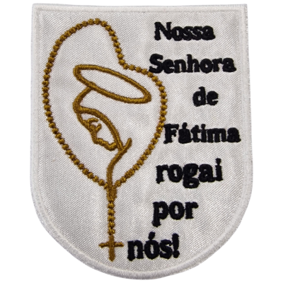 Patch bordado com Nossa Senhora de Fátima e texto religioso