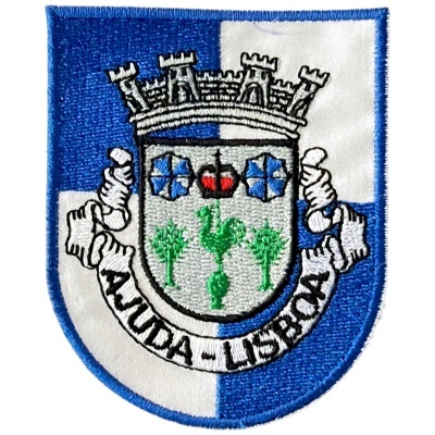 Emblema tecido com brasão azul e branco e texto AUXILDA - LISBOA