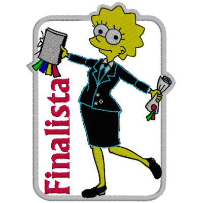 Patch bordado com personagem amarela de fato preto e palavra FINALISTA em vermelho