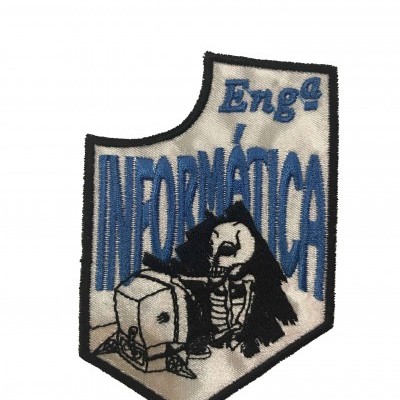 Patch bordado com texto e desenho de esqueleto e computador