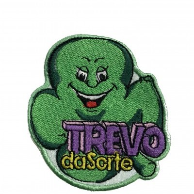Patch bordado em forma de trevo verde com texto TREVO da Sorte