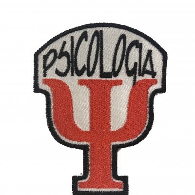 Emblema tecido com texto PSICOLOGIA e símbolo da psicologia vermelho.