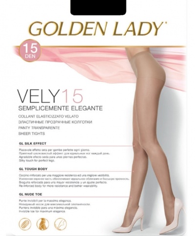 Embalagem de collants transparentes bege GOLDEN LADY VELY15 com texto e imagem de pernas femininas com salto alto