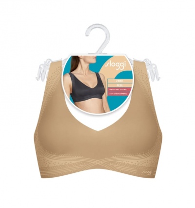 Sutiã bege Sloggi com etiqueta e imagem de modelo
