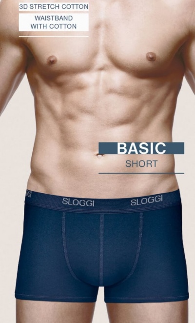 Cuecas boxer masculinas azul escuro Sloggi com cós elástico e texto BASIC SHORT