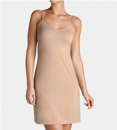 Vestido slip bege com alças finas e decote em V