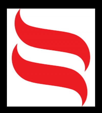 Logótipo com duas formas curvas vermelhas em fundo branco