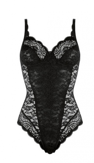 Corpete feminino de renda preta com padrão floral e alças finas.