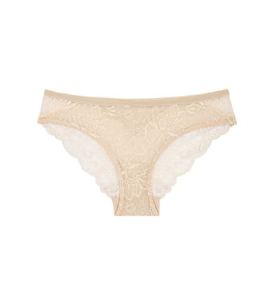 Calças de renda bege com padrão floral e acabamento scallop
