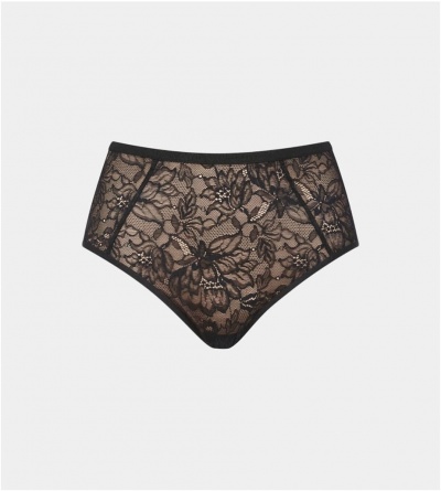 Cueca preta de renda floral com detalhes brilhantes