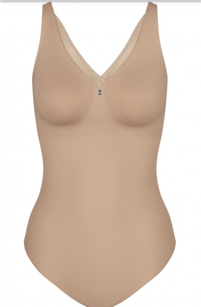 Body feminino bege com decote em V e detalhe metálico