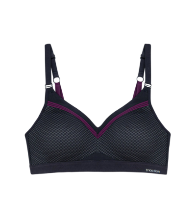 Soutien desportivo preto com detalhes roxos e padrão em rede