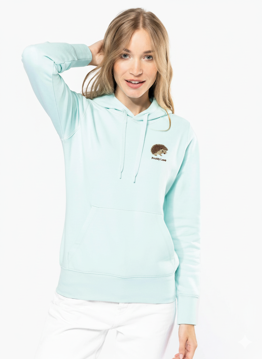 Sweat de Senhora Ouriço Europeu Personalizada Sweatshirt azul claro com capuz e bordado de ouriço e texto Prickly Love