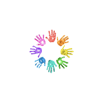 Impressões de mãos coloridas em círculo numa superfície branca
