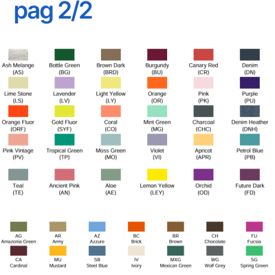 Amostras de cores disponíveis com nomes e códigos em lista organizada