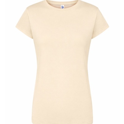 T-shirt feminina bege clara de algodão com gola redonda e mangas curtas