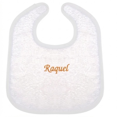 Babete de tecido branco com borda cinza e texto bordado laranja