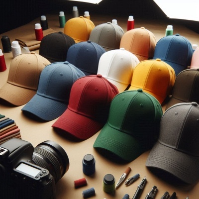 Bonés coloridos organizados em filas com acessórios de costura e uma câmara fotográfica numa mesa